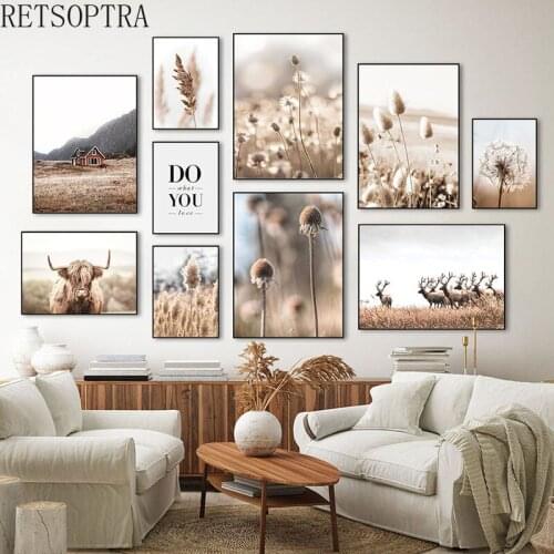 Nature Dandelion Grass Canvas Wall Art Print Poster Deer Cow Animal Landscape Painting Minimalism Picture Modern Home Decor