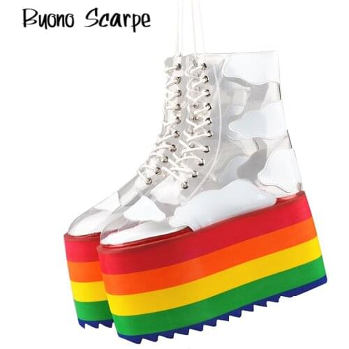 Rainbow Platform Boots Clouds Skies Short Booties Costumes High Heel PVC Shoes Cake Bottoms Cute Ankle Botas Mujer Mixed Shoes
