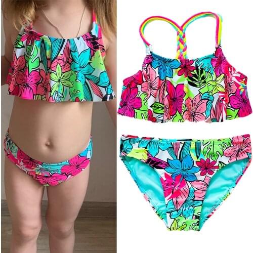 Girls Floral Printing Bathing Suits Ruffle Flounce Two Piece Swimsuits Multi Strps Bikinis