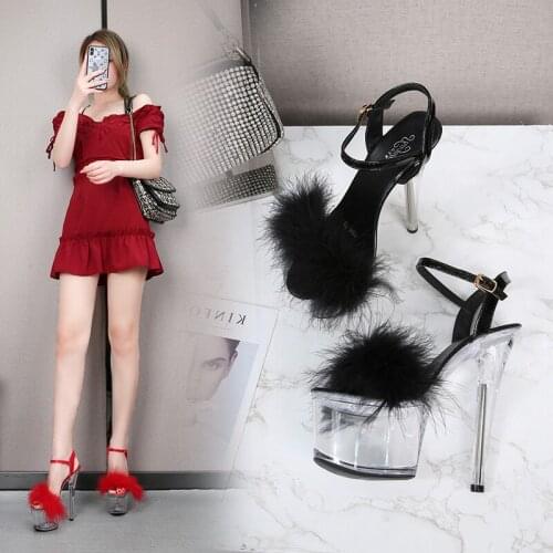 Women Fur Transparent Platforms Sandals 2021 Summer New High Heel 17CM Sexy Fashion Show Stilettos Female Party Pole Dance Shoes