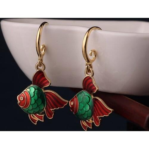 New vintage cloisonne fish earrings spring and summer style jewelry ethnic red Treasure bag earrings for women