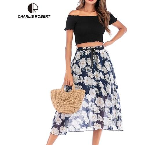 Chiffon Print Skirt Summer Beach Floral Casual Skirt 2019 New Lady High Waist Lace Half-length Midi Skirt Women