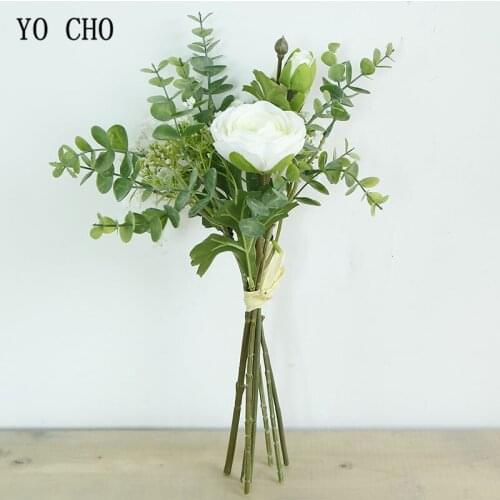 YO CHO Wedding Bouquet Bride Bridesmaid Artificial Silk Lotus Rose Flower Eucalyptus Leaves Babys Breath Bouquet Home Decor