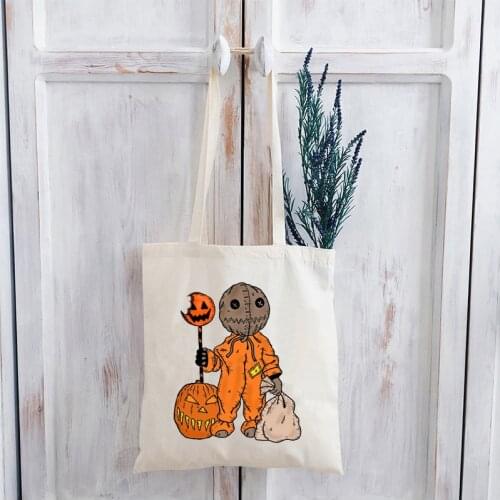 Trick or Treat Canvas Bag Women Halloween Horror Movie Tote Bags Cartoon Halloween Women Vintage Cute Bag Fashion Print