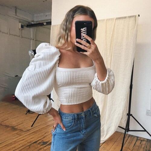 Ardm Sexy Square Neck Knitted Summer Backless Lace Up Blouses Femme Puff Sleeve Vintage Shirt Cropped Tops Women 2021 Tank Top