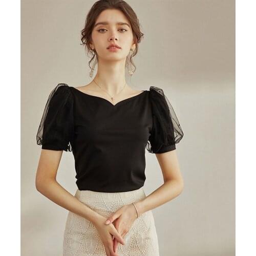 Ladies Heart-Shaped Neck Knitted T-Shirt Summer Solid Color Stitching Mesh Puff Sleeve Top