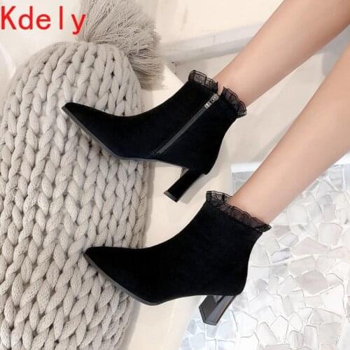 2020 Plus Velvet Warm Winter Boots Women Vintage Short Plush High Heels Ankle Boots Zipper Pointed Toe High Heels Women Shoes