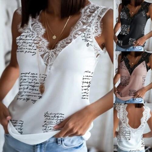Women Sexy Lace Paychwork Deep V Neck T Shirt Loose Letter Printed Summer Ladies Casual Sleeveless Backless Top