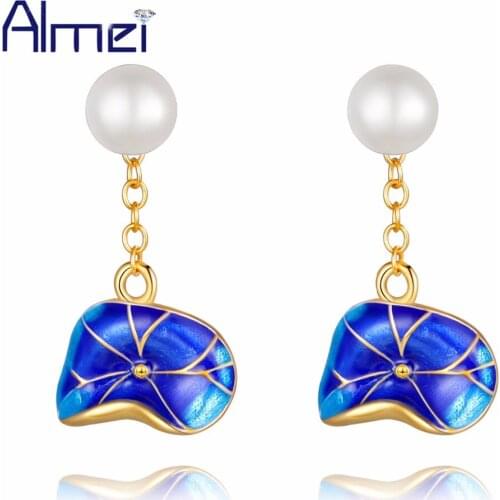 Almei Cloisonne Earrings for Women Gold Color Simulated Pearl Earings Jewelry Blue Lotus Earring Brincos Earing 2017 10% CQ252
