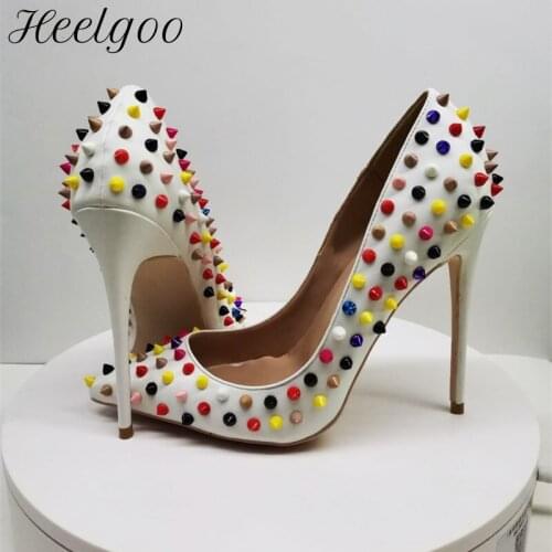 Heelgoo Multi-Color Spikes Women Sexy Pointy Toe High Heel Party Dress Shoes Wild Slip On Stiletto Pumps Plus Size 11 12 White