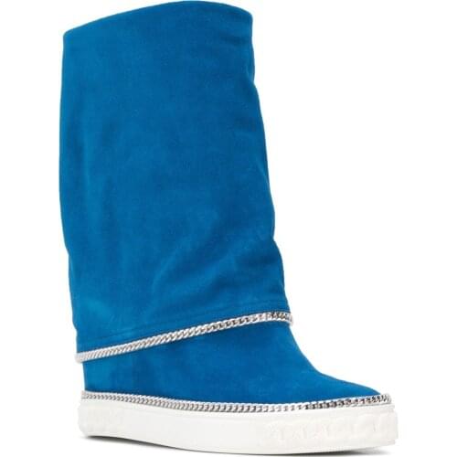 Roman Silver Chains Embellished sole Hidden Wedge Boots Fashion Cow Suede Height Increasing Boots Women Slip on Mid-Calf Boots