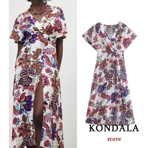 KONDALA Women Za 2021 Chic Floral Print Long Dress V Neck Short Sleeve Front Split Summer Boho Dress Elegant Mujer Vestidos