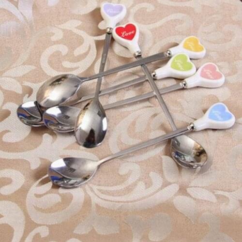 1 Piece Sweet Multicolor Love Hearts Long Ceramic Handle Stainless Steel Coffee Spoon Stirring Soup Spoon
