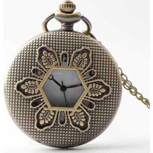 10pcs in) Vintage heavy metal pentagon design Quartz flip pocket watch necklace party promotion unique gift
