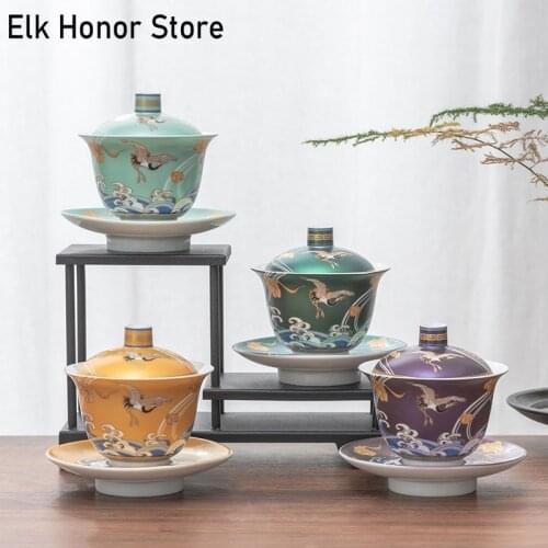 200ml Enamel Colors Sancai Tea Tureen Tea Exquisite Handmade Ceramic Tea Cover Bowl Crane Wave Art Master Cups Puer Teaware Gift