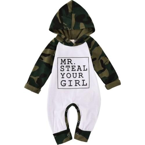 2020 Autumn Baby Boy Jumpsuit Letter Print Long Sleeve Hooded Playsuit Casual Cotton Sunsuit Romper for Newborn Boys 0-18M