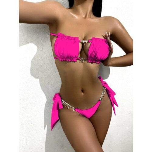 Ruffled Frilled Crystal Diamond Bikini Women Bandeau Swimsuit Female Swimwear Two-pieces Bikini set Hollow Out Bathing Suit Swim