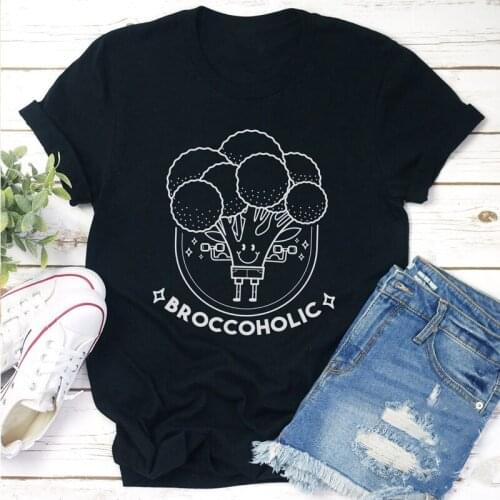 Broccoholic 100% Cotton T-shirt Cute Vegetarian Graphic Tee Shirt Top Funny Women Short Sleeve Hipster Diet Vegan Tshirt