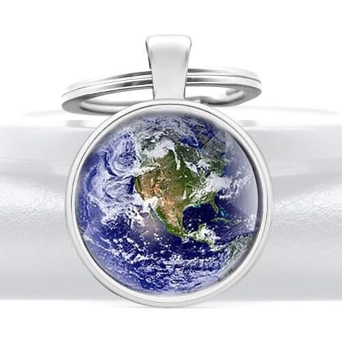 Beautiful Earth Glass Cabochon Pendant Key Rings Charm Men Women Key Chains Jewelry Gifts