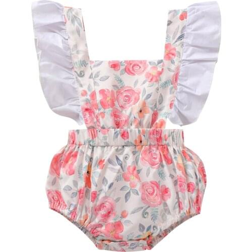 Summer Toddlers Flower Printing Romper Infant Girls' Flying Sleeve High Waist Bodysuit Babies Square Collar Clothing Hot Sale