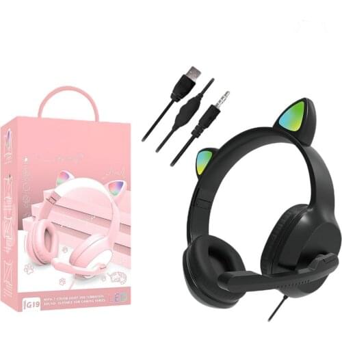 G19 Pink Cat Ear Cute Girl Gaming Headset With Mic Gaming Noise Reduction Stereo Music RGB Flash Light Wired Headphone