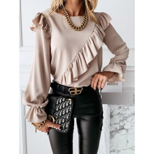 Kayotuas Women Blouse Ladies Chic Spring Office Ruffles Apricot Shirts Long Sleeve Elegant Work Pleated Female Tops