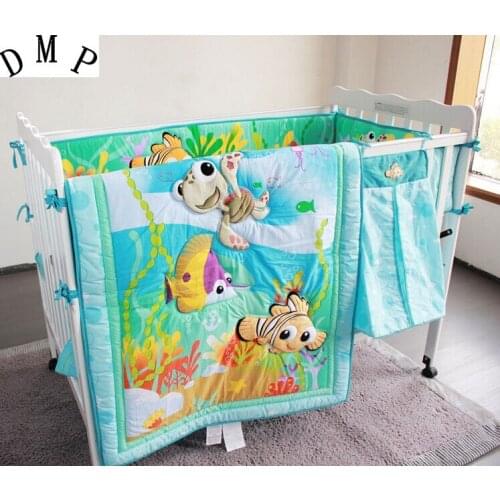 7PCS Embroidery Ocean Baby Bedding Set Newborn Infant Cartoon Crib Bedding tour de lit bébé (4bumper+duvet+bed cover+bed skirt)