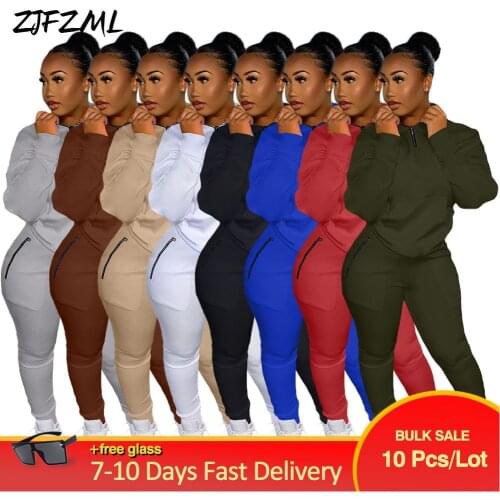 Bulk Items Wholesale Lots Solid Womens Set Active Wear Zipper Up Sweatshirt Top Jogger Sweatpant Pants Suit Tracksuit Outfit