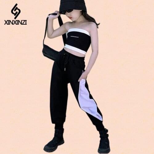 Cool Girls Suit 2020 Summer European 9 10 11 12 13 Years Girls Clothes black Tube Top Tops Pants Color Match Casual jogger pants