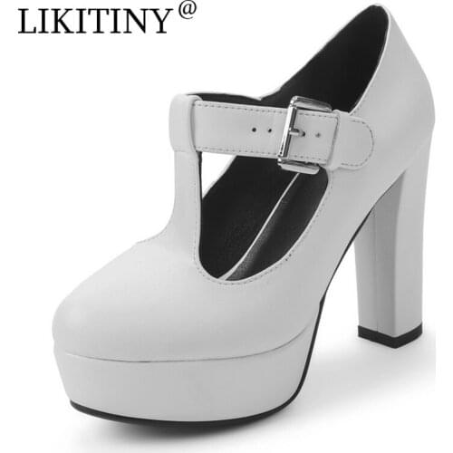 LIKITINY 2021 Spring Autumn Chunky heels Genuine leather Womens shoes Sexy High heels Round toe Party shoes Buckle strap Pumps