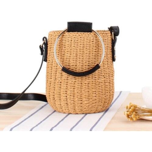 College style new Japanese cylinder bag simple shoulder portable dual-use straw bag holiday beach woven bag wild bag