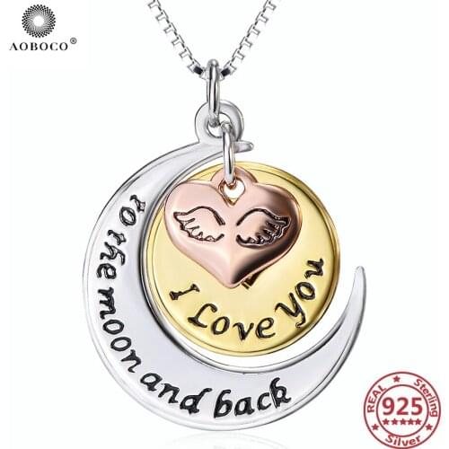 AOBOCO 925 Sterling Silver Necklace Love Moon Pendant Gold Color Lettering Round Engrave Moms Gift 2019 Women Jewelry Neckalces