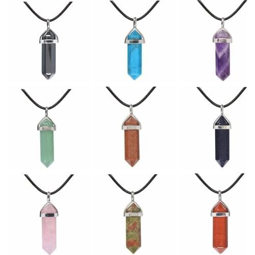 ASHIMITA Natural Stone Hexagonal Pointed Reiki Chakra Pendant Necklace Women Girl 18" Genuine Leather Choker Boho Jewelry