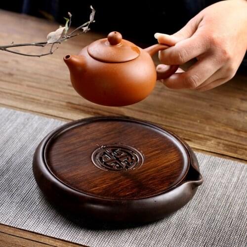 Ebony Solid Wood Tea Ceremony Heat Insulation Tea Trays Creative Handmade Tea Cup Coffee Pot Draining Holders Teahouse Tools