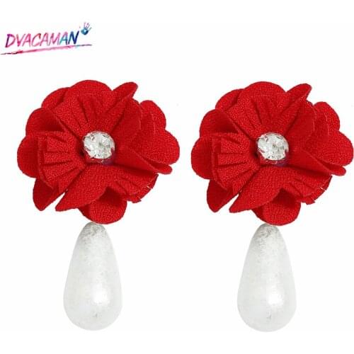 Dvacaman Charm Boho Blooming Red Flowers Drop Earrings for Women Simulated Pearl Teardrop Dangle Earrings Girlfriend Gift Bijoux