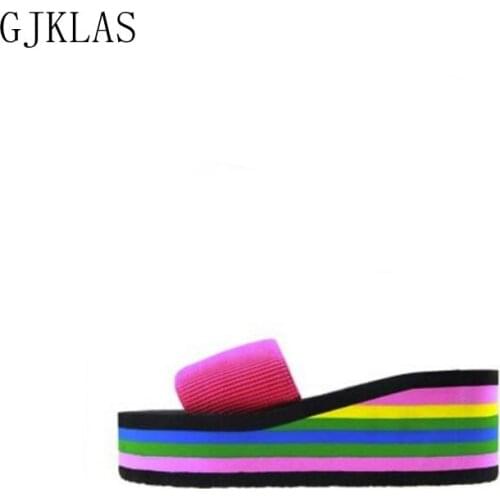 Rainbow Slippers High Heel Wedges Platform Shoes Beach Slides Women Summer Shoes Comfort Woman Shoes Casual Slipper Heel 6cm