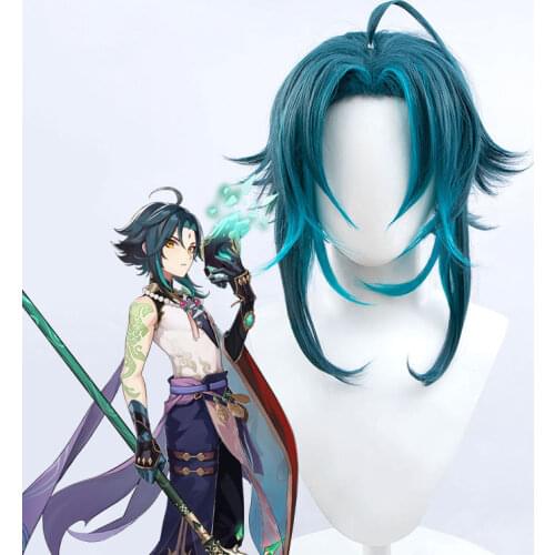 Synthetic short wig Xiao Genshin Impact Vigilant Yaksha Dark blue color curly wigs for men women Cosplay party Hair extension