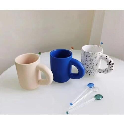Nordic ins net red big ear mug hand pinched dot ink ceramic large ring cup Klein blue water cup