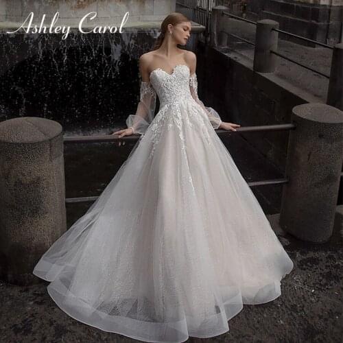Ashley Carol A-Line Wedding Dress 2020 Puff Sleeve Romantic Backless Appliques Lace Up Sweetheart Bridal Gown Vestido De Noiva