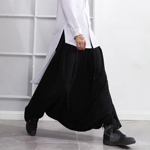 Dark black loose large crotch pants, low-grade baggy pants, casual skirt, long belt, decorative, personalized hip-hop trend, Yam