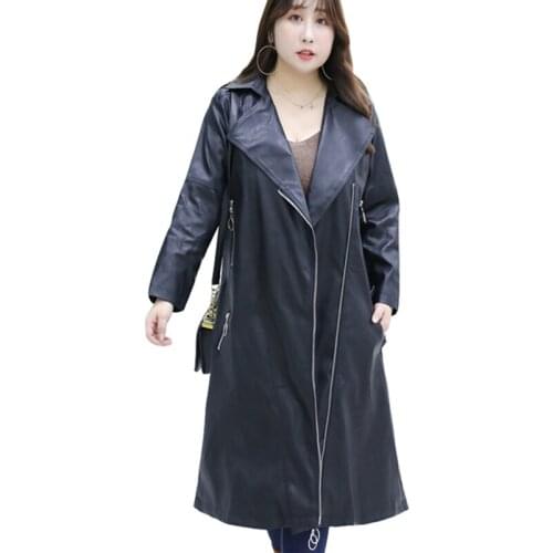 Autumn winter new special plus size leather coat women was thin stylish long Motor vehicle leathers windbreaker jacket overcoat