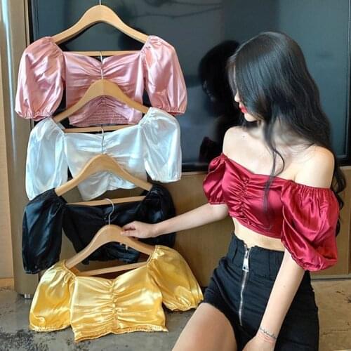 Womens Solid Slash Neck Blouses Sweet Sexy Exposed Navel Short Sleeve Solid Color Shirts