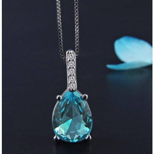 Womens 925 Silver Water Drop Pear Shaped Blue Crystal Zircon Pendant Engagement Wedding Gift Jewelry
