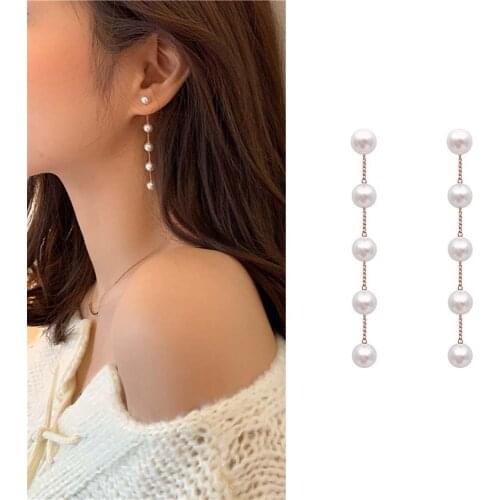 Trend Simulated Pearl Long Earrings White Round Dangle Earrings Wedding Pendant Earrings Women Korean Fashion Jewelry Earrings