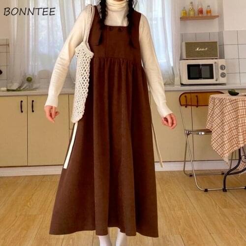 Dresses Women Square Collar Preppy Style Loose Japanese Simple Solid Color Popular Basic Kawaii Girls Mid-calf Daily Harajuku