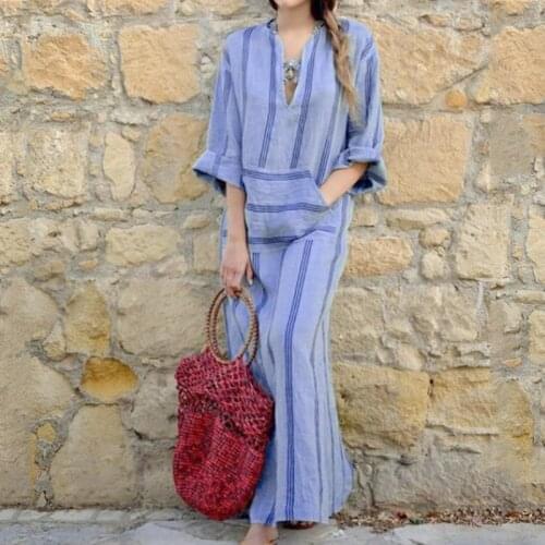 2019 New Autumn Women S-5XL V Neck Kaftan Retro Maxi Long Dress Robe Loose Striped Baggy Cotton Linen Casual Party Beach Dresses