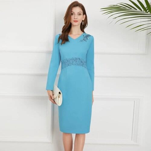 MIUXIMAO 2021 New Autumn Womens Clothing O-Neck Beading Long Sleeve Slim Waist Dress Elegant Fashion Office Style