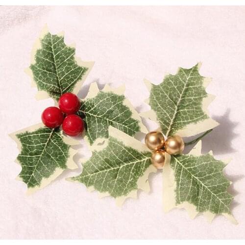 10PCS/lot Christmas Decoration Simulation Small Red Berries Green Leaves For DIY Xmas Tree Garland Material Accessories