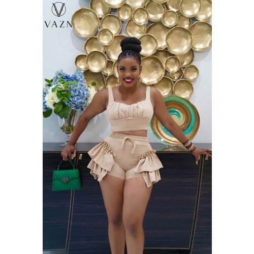VAZN 2021 fashion hot sale summer women street casual style sleeveless dew waist top elastic short pants pure color 2 piece sets