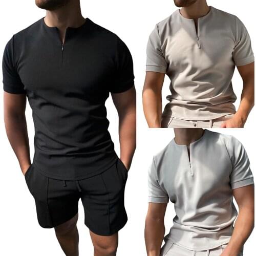 2021 Men Casual Short Sleeve T-shirt Solid Color Quarter Zip Round Collar Pullover, M-XXXL
